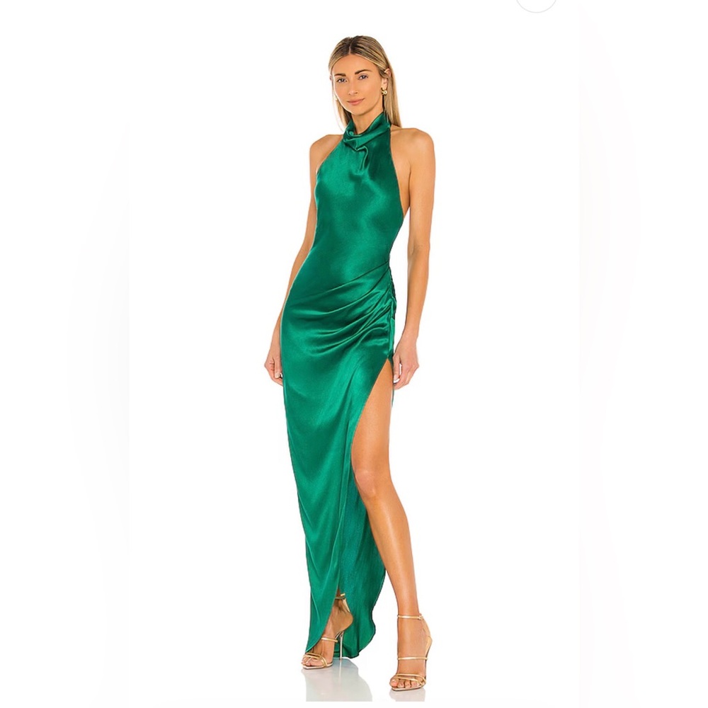 Amanda Uprichard | Samba Gown Silk Emerald Green High Neck Halter Dress Size M